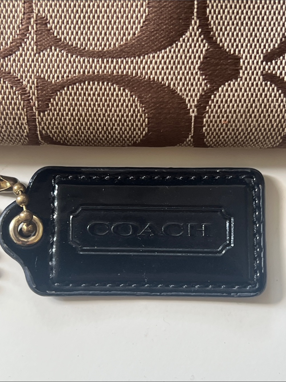 Coach Black Patent Leather Key Tag with Ball Chain